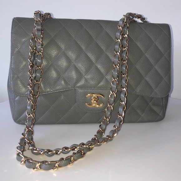 CHANEL Handbags - CHANEL Grey Caviar Quilted Jumbo Single Flap